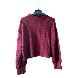 Impressions Burgundy Cable‎ Knit Cropped Sweater with Balloon Sleeves Size M